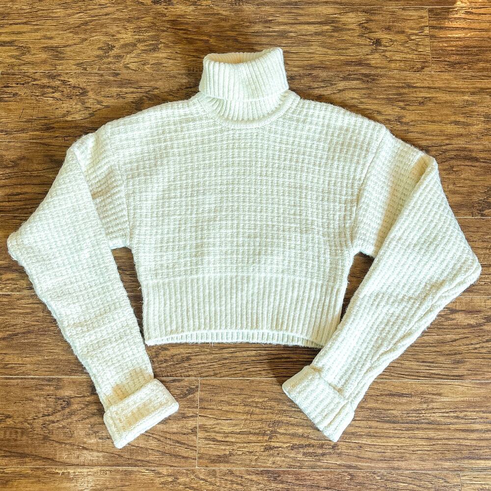 For Love & Lemons Madeline Cream Waffle Knit Turtleneck Crop Sweater Small
